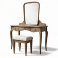 Vanity table set with mirror and upholstered stool in beige wood finish 80 x 40 x 140cm