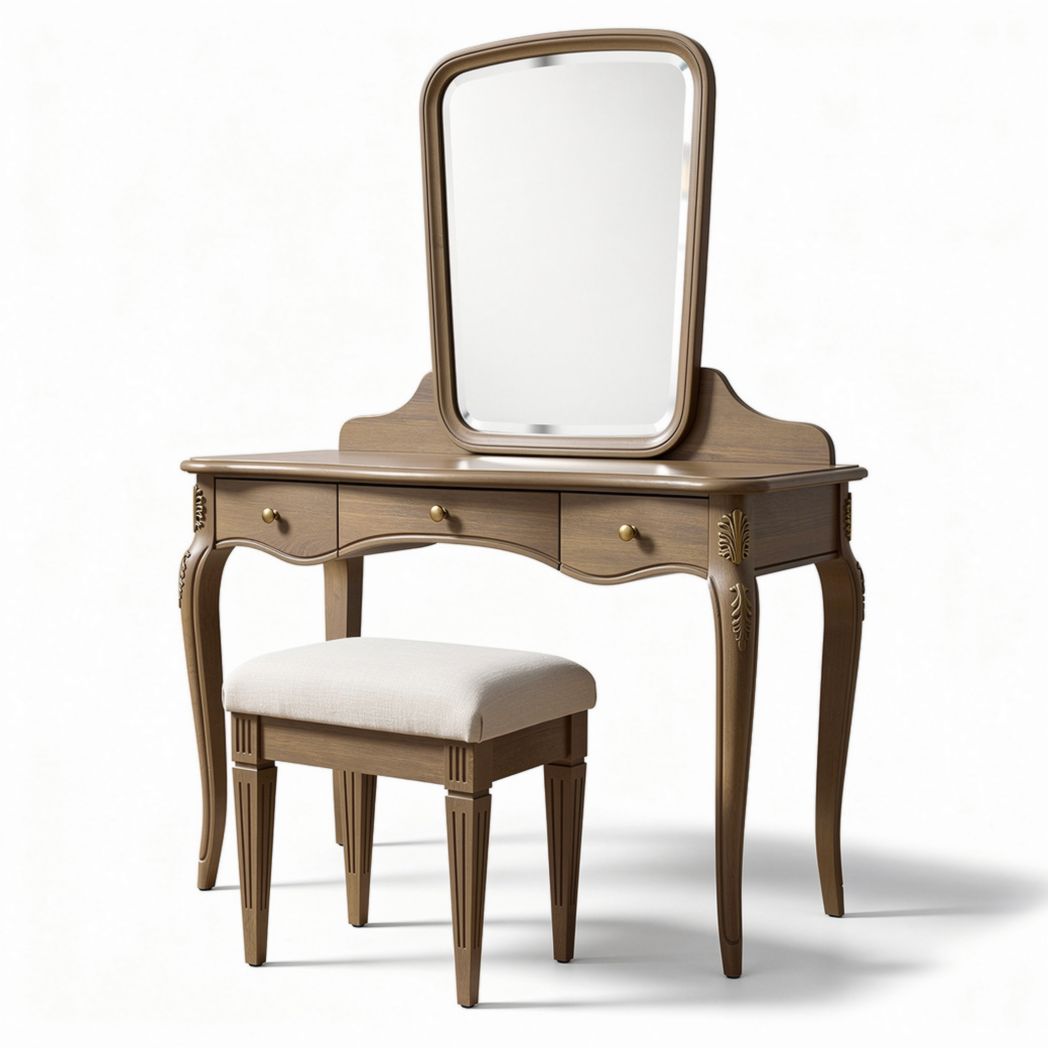 Vanity table set with mirror and upholstered stool in beige wood finish 80 x 40 x 140cm