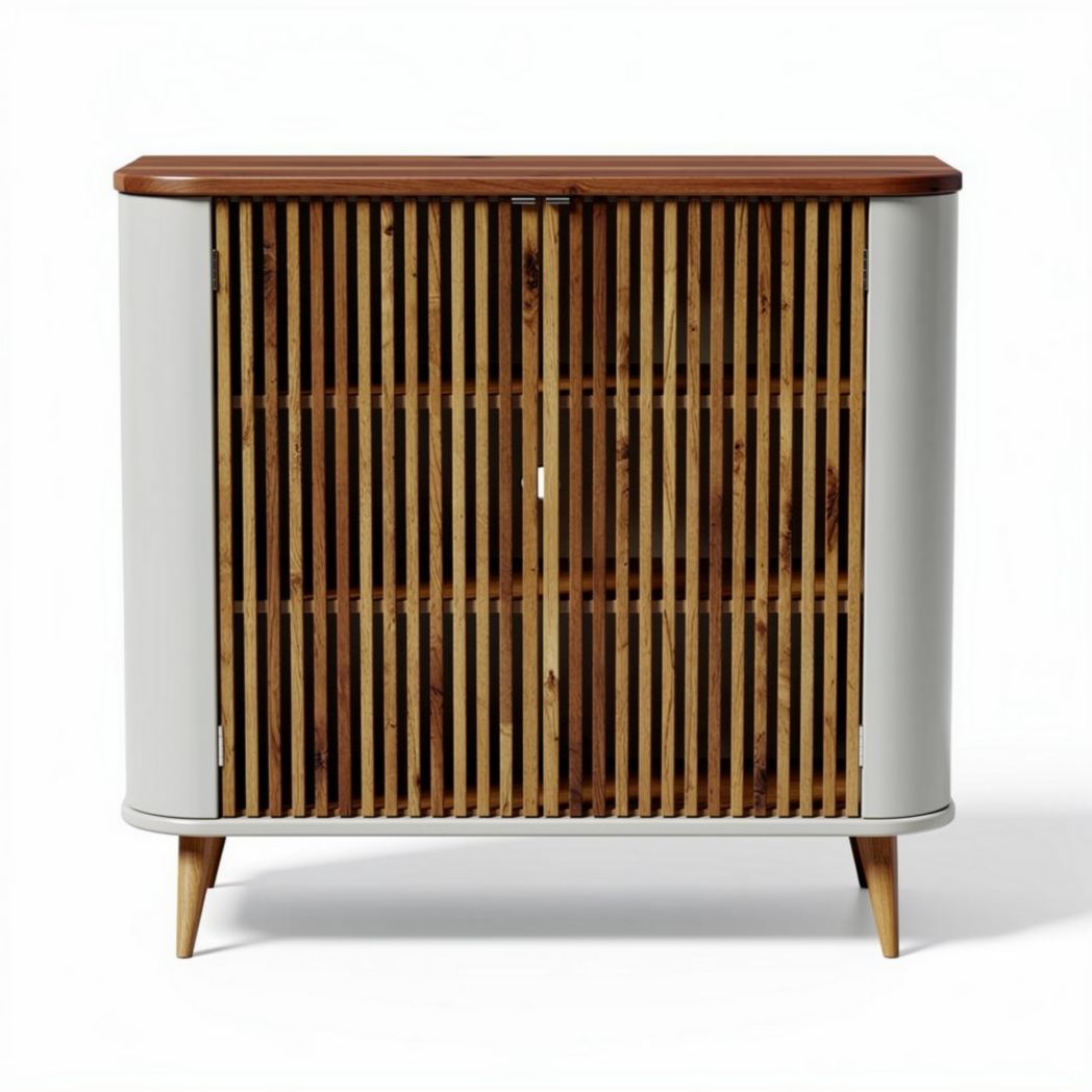 Wooden storage cabinet with slatted doors and walnut top 90 x 40 x 85cm