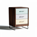 Mid-century modern nightstand with three drawers in walnut finish and pastel accents 50 x 40 x 60cm
