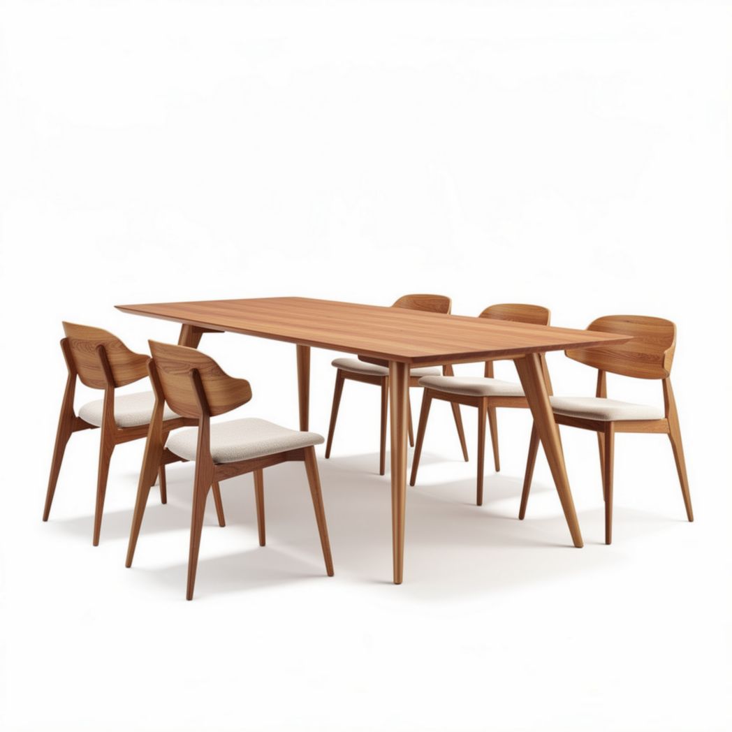 Wooden dining table set with six chairs in natural finish 200 x 100 x 75cm