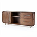 Mid-century modern console table in walnut wood with two drawers and open shelving 120 x 40 x 70cm