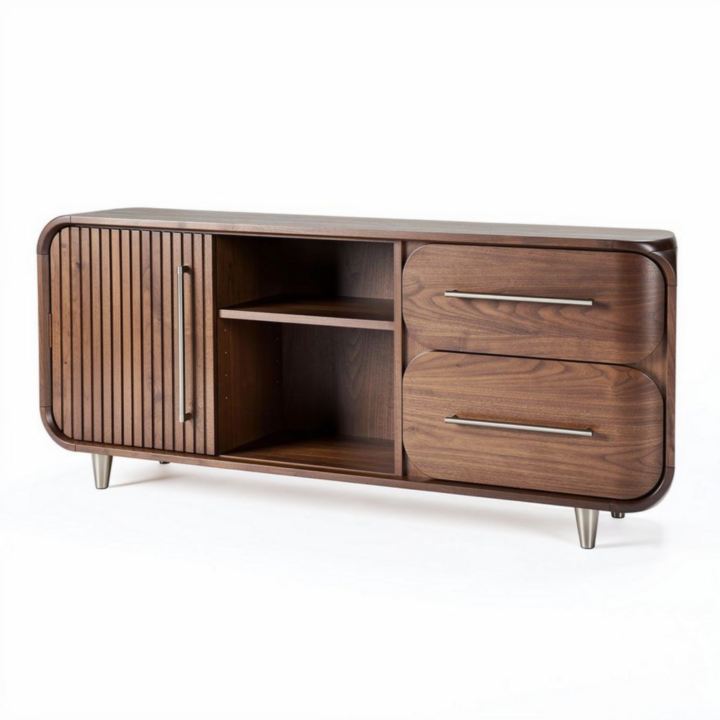 Mid-century modern console table in walnut wood with two drawers and open shelving 120 x 40 x 70cm
