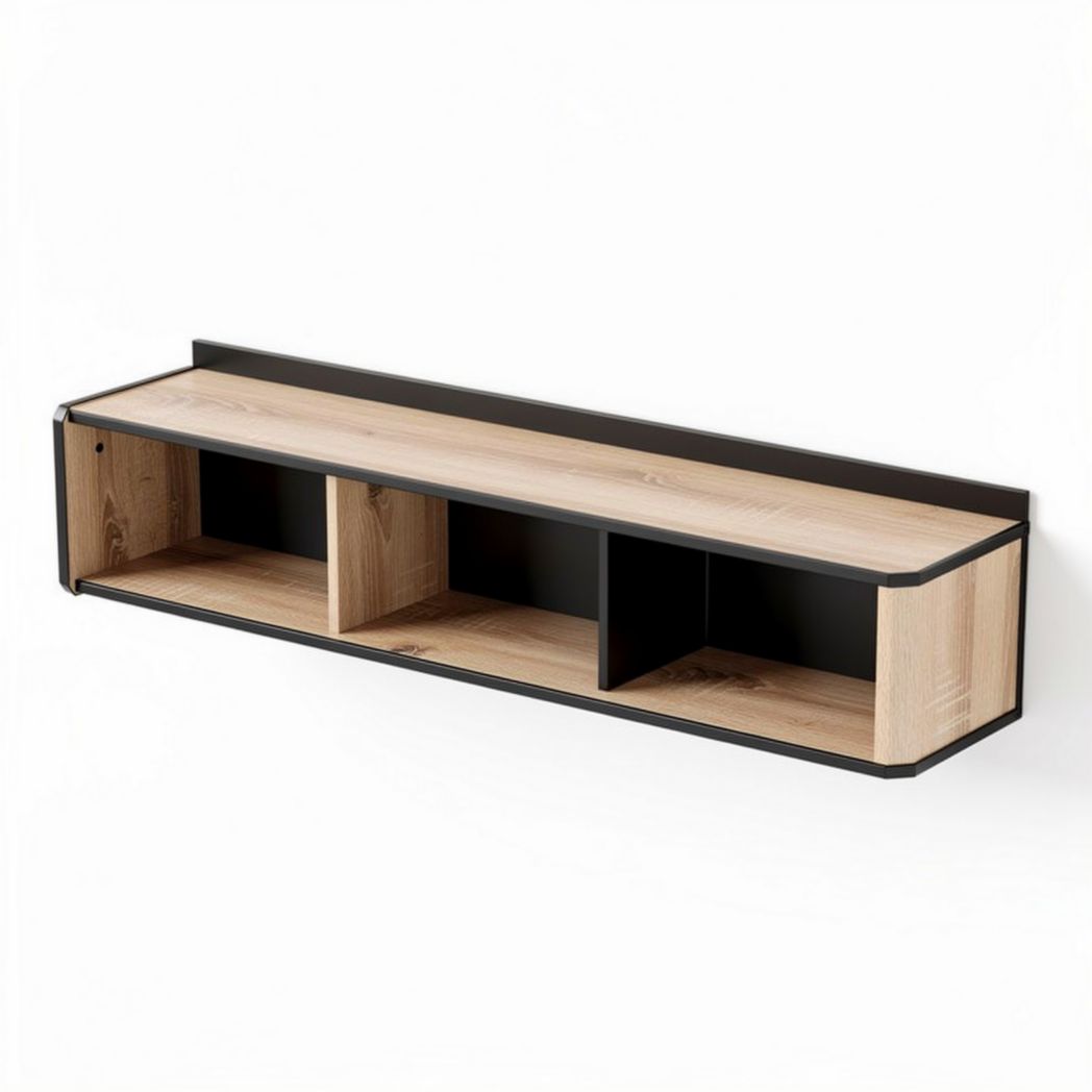 Wall-mounted floating shelf unit with three compartments in oak and black finish 120 x 25 x 15cm