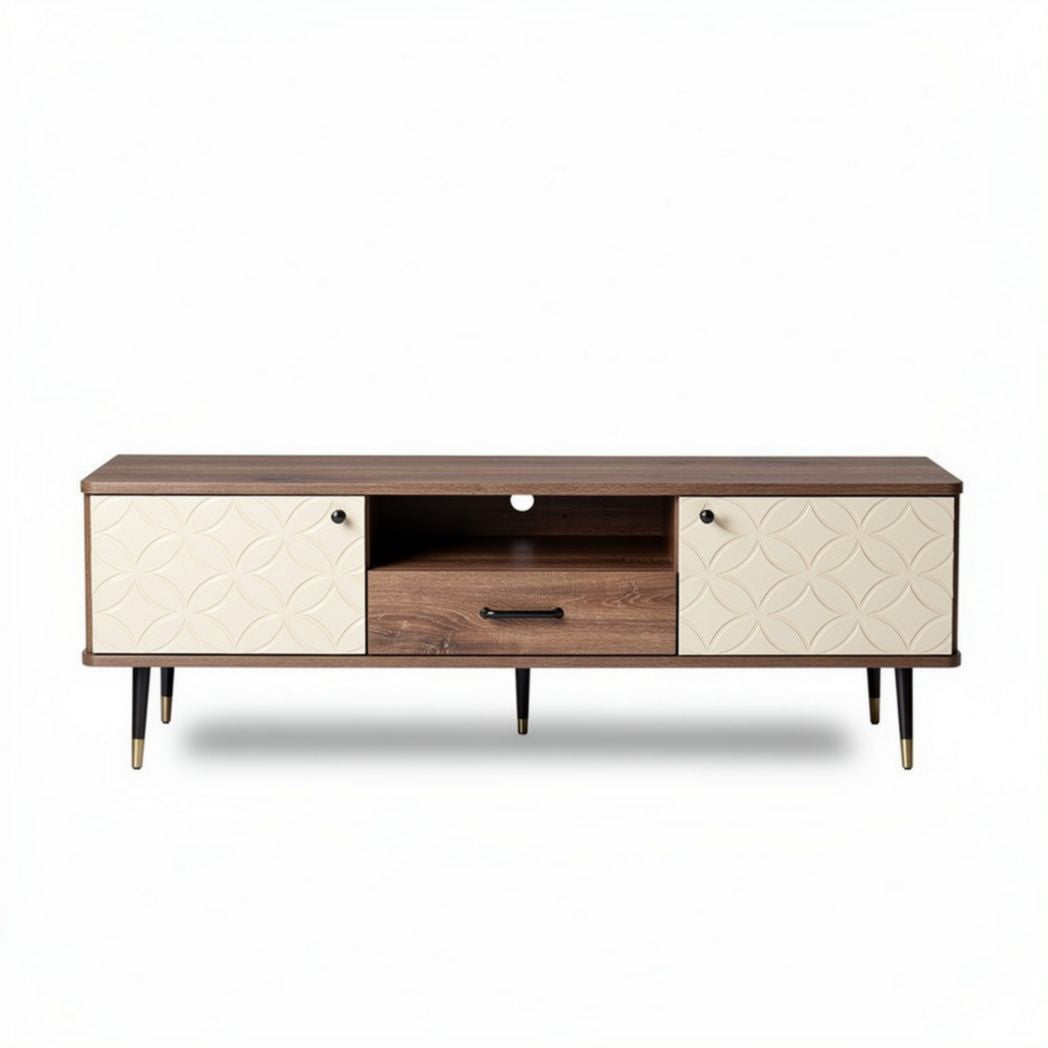 Mid-century modern TV stand with storage cabinets in walnut finish 150 x 40 x 50cm