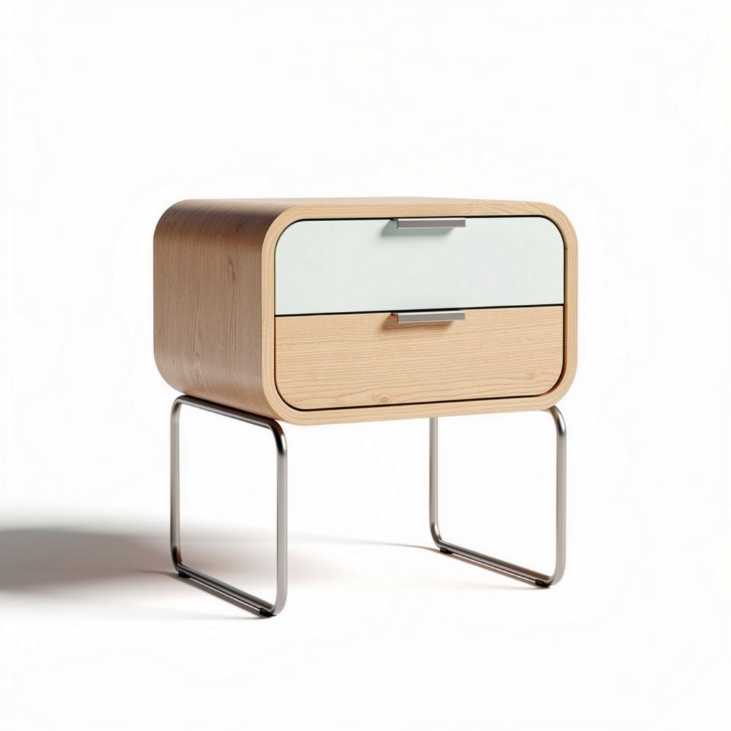 Wooden nightstand with metal legs and two drawers in natural wood and light blue finish 40 x 30 x 45cm