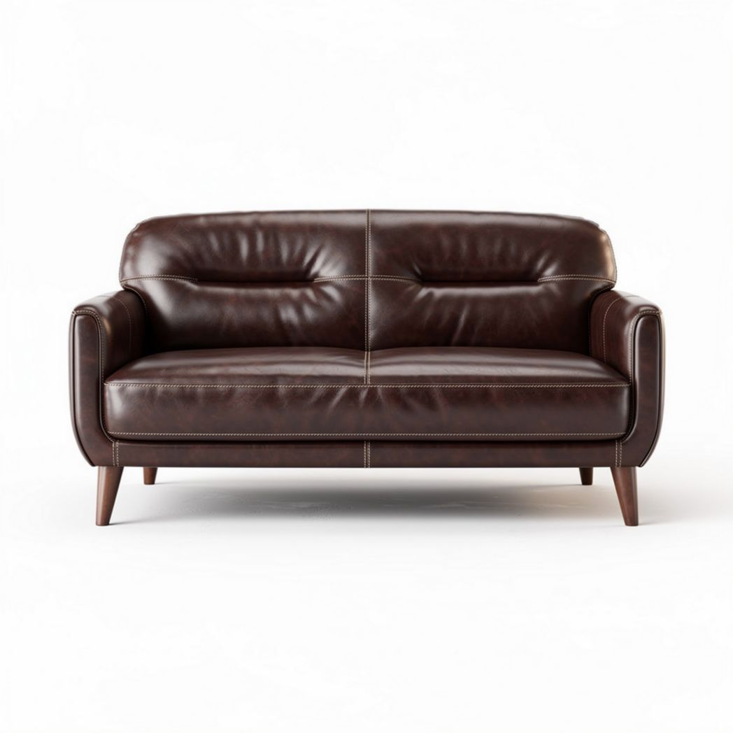 Brown leather loveseat with wooden legs for living room seating 150 x 80 x 70cm